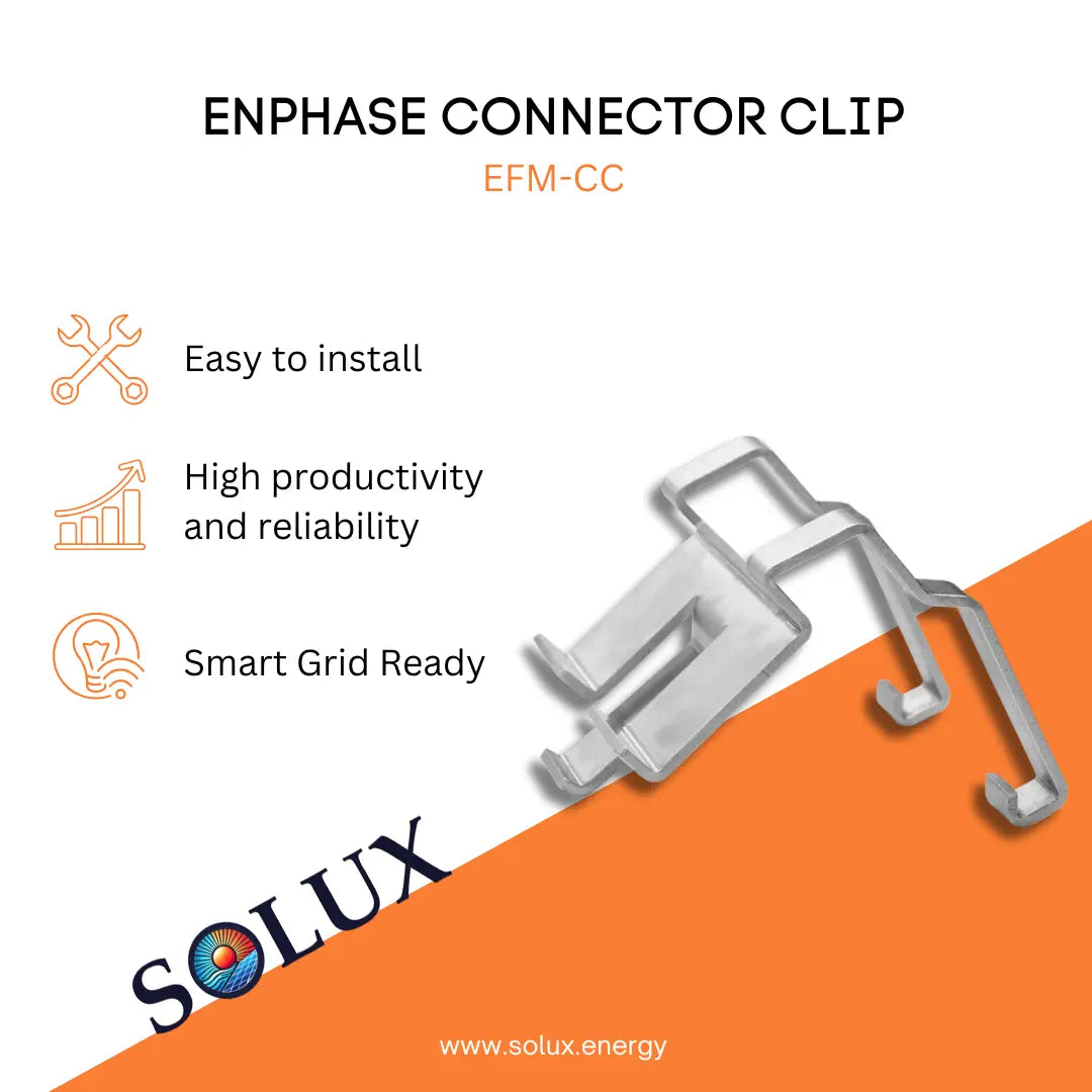 Enphase Connector Clip (EFM-CC) graphic: Easy to install, reliable, and Smart Grid Ready for cable management.